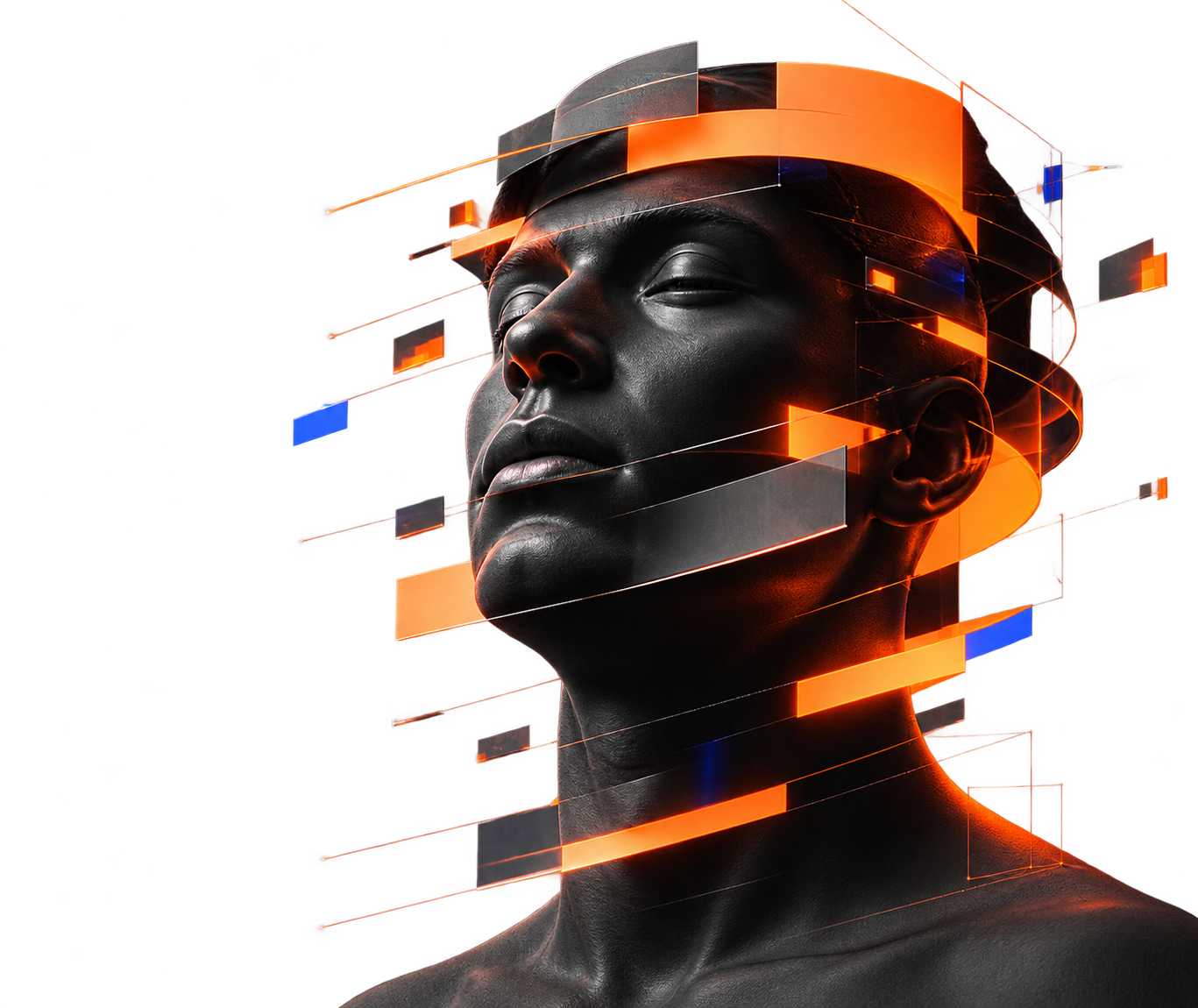 Cinematic fragmented portrait representing ideas in motion